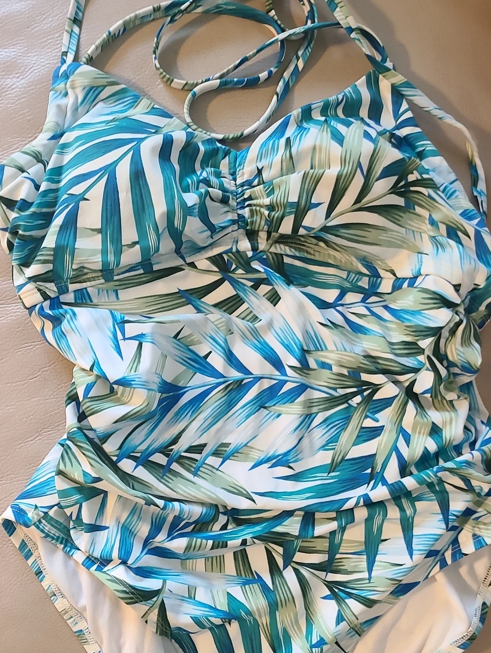 Time and Tru Blue & Green Tropical Leaf One-Piece Swimsuit - Picture 2 of 6
